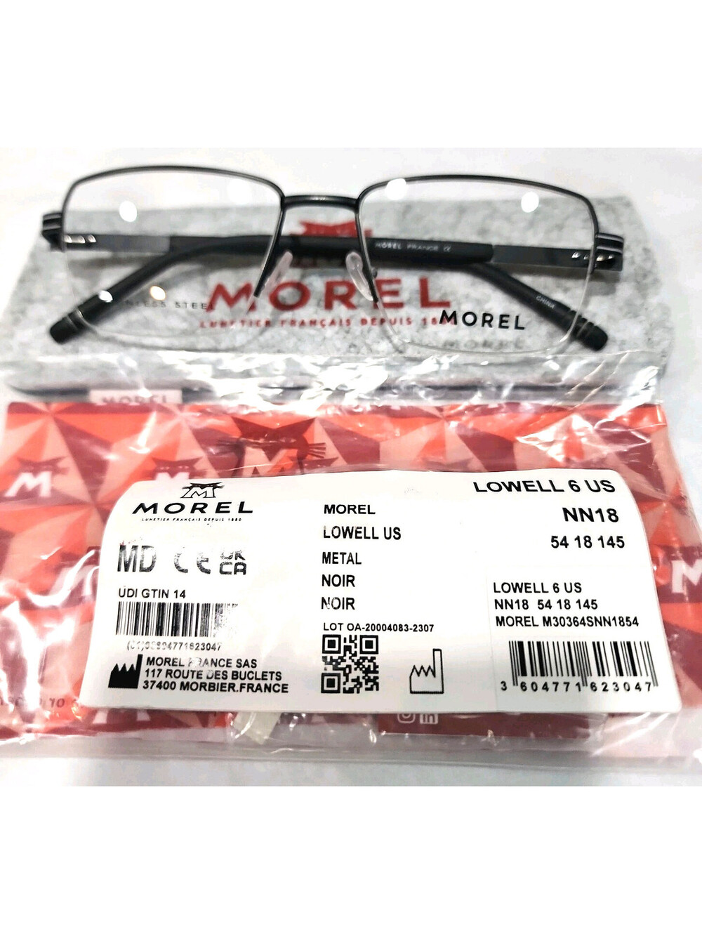 Morel Lowell 6 US Noir Black Square Half Rim Eyeglasses 54-18 145 New